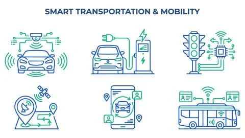 Smart transportation and autonomous mobility technology line icons with mob.. Stock Illustration