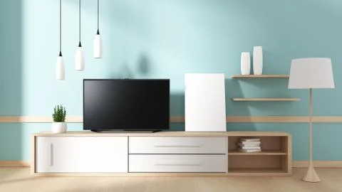 Smart Tv with blank black screen hanging on the cabinet, modern living room w Stock Illustration