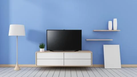 Smart Tv with blank black screen hanging on the cabinet, modern blue living r Stock Illustration