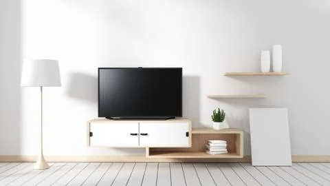 Smart Tv - blank black screen hanging on the cabinet, modern living room with Stock Illustration