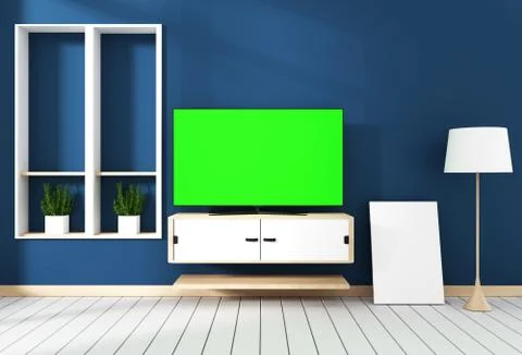 Smart Tv with blank black screen hanging on cabinet design, modern living roo Illustrazione stock