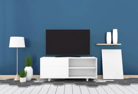 Smart Tv with blank black screen hanging on cabinet design, modern living roo Stock Illustration