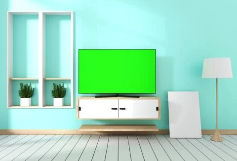 Smart Tv with blank green screen hanging on cabinet design, modern living roo Stock Illustration