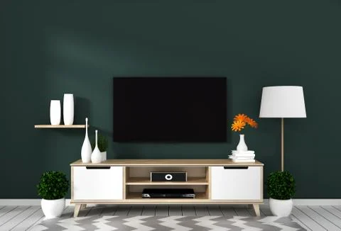 Smart Tv with blank screen hanging on the wall dark green on white wooden flo Stock Illustration
