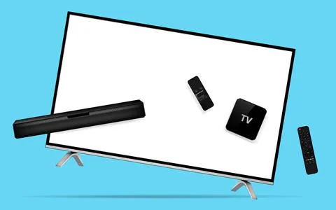 Smart tv with blank white screen and home theater accessories levitation in.. 스톡 일러스트