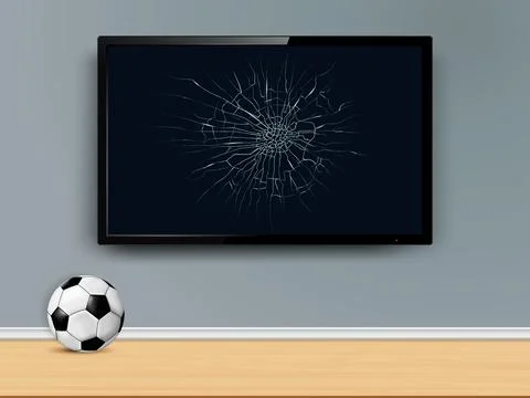 Smart tv broken screen on wall and soccer ball Illustrazione stock