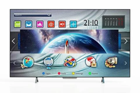 Smart TV with fictitious user interface isolated on white background. 3D i... Stock Photos