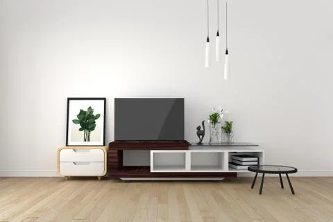 Smart TV Mock-up on empty room, living room tropical style. 3D rendering Stock Illustration