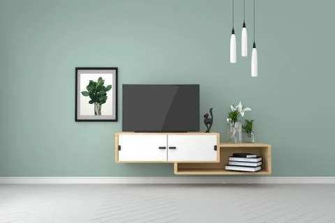 Smart Tv Mock-up on green wall in modern tropical interior. 3d rendering Stock Illustration