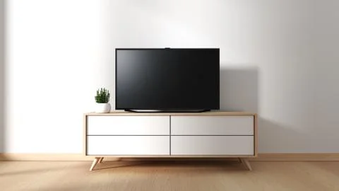 Smart Tv Mockup with blank black screen hanging on the cabinet decor, modern  Stock Illustration