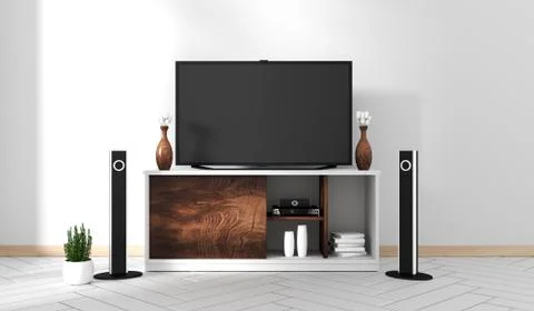Smart Tv Mockup with blank black screen hanging on the cabinet decor, modern  Stock Illustration