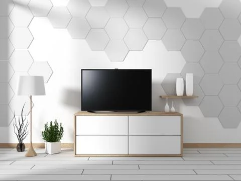 Smart Tv Mockup with blank black screen hanging on the cabinet decor, modern  Stock Illustration