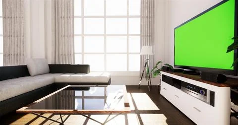 Smart Tv Mockup with blank black screen hanging on the cabinet decor, moder.. Stock Illustration