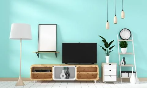 Smart Tv Mockup on mint wall in japanese living room. 3d rendering Stock Illustration