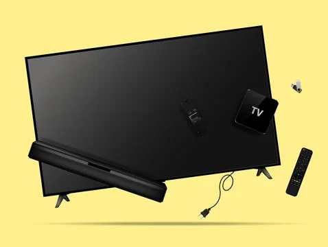 Smart tv, remote control, soundbar, tv set-top box and flash drive levitati.. Stock Illustration
