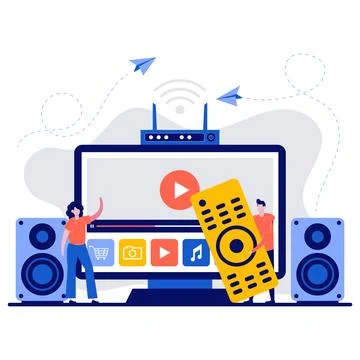 Smart TV with remote control, television multimedia box concept with tiny c.. Stock Illustration