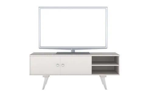 Smart TV set with white screen on stand for TV set. White color, front view.. Stock Illustration