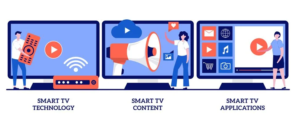 Smart TV technology, content, applications concept with tiny people. Modern.. Stock Illustration