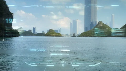 Smart user interface, city of the future islands view Stock Footage 128526459