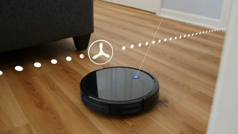 Smart Vacuum Cleaning and Mapping Home with Graphics Vídeo Stock 124238503