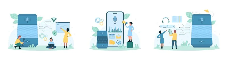 Smart voice assistant set, tiny people control voice assistant with mobile app Stock Illustration