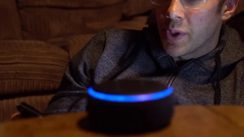 Smart Voice Command Activation Device Used By Man In Living Room, 4K Stock Footage