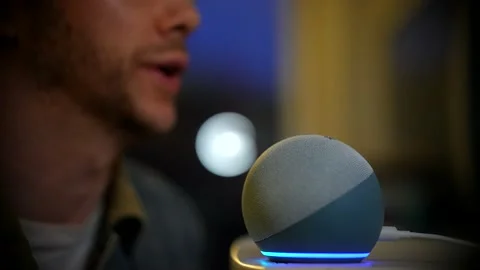 Smart Voice Command Activation Device Used By Man In Living Room, 4K Stock Footage 154209281