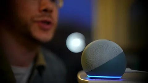 Smart Voice Command Activation Device Used By Man In Living Room, 4K Stock Footage 154209394