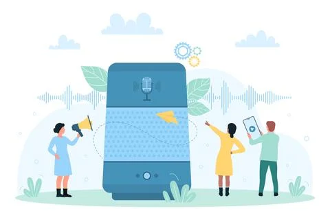 Smart voice personal assistant, AI recognition, tiny people control home IOT Stock Illustration