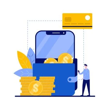 Smart wallet concept with character. Cryptocurrency withdraw, e-payment. Cr.. Stock Illustration