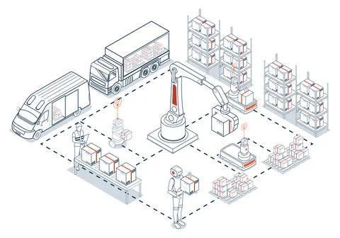 Smart warehouse automation integrates robotic systems and AGVs with sensors.. Stock Illustration