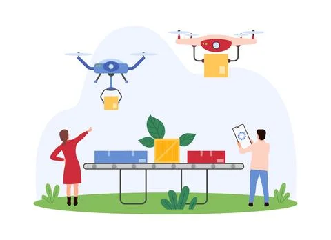 Smart warehouse, autonomous robot transportation and logistics, goods Illustration
