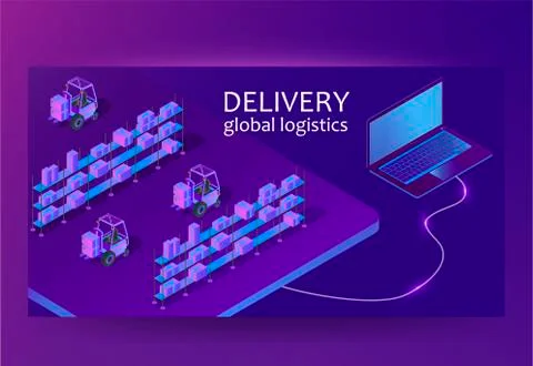 Smart warehouse management system app. Delivery global logistics concept. Stock Illustration