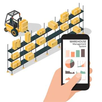 Smart warehouse management system app. Isometric vector illustration. Stock Illustration