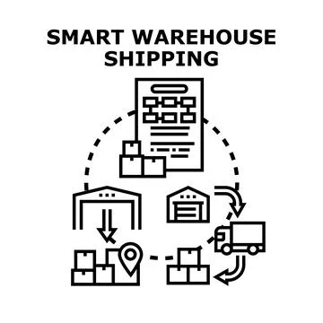 Smart warehouse shipping system logistics and delivery process 库存插图