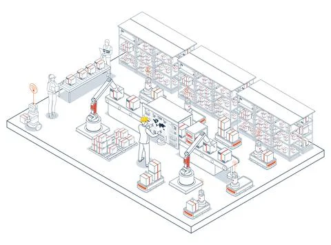 Smart Warehouse Technology and Industry 4.0. Utilizing AGVs and AMRs for ef.. Stock Illustration