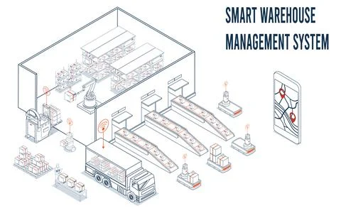The smart warehouse uses an AGV system to automate material handling, suppo.. Stock Illustration