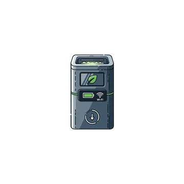Smart waste bin pixel art with digital screen and recycling leaf symbol Stock Illustration