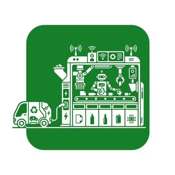 Smart waste management icon with robotic sorting and green electric truck uni Stock Illustration