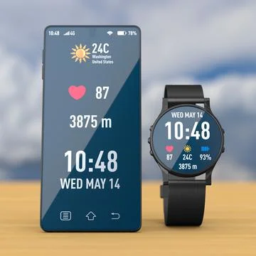 Smart watch and phone on table. 3D illustration Illustrazione stock