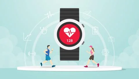 Smart watch apps tracker with hand wrist and people male and female running Stock Illustration