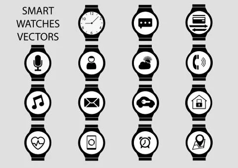 Smart watch clock faces with various services like phone call Stock Illustration
