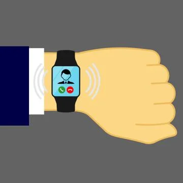 Smart watch, clock on the hand of businessman with an incoming call icon flat Stock Illustration