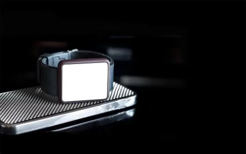 Smart watch on dark background, blank text Fotos Stock