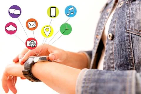 Smart watch device display with app icons. Smart watch technology Stock Photos