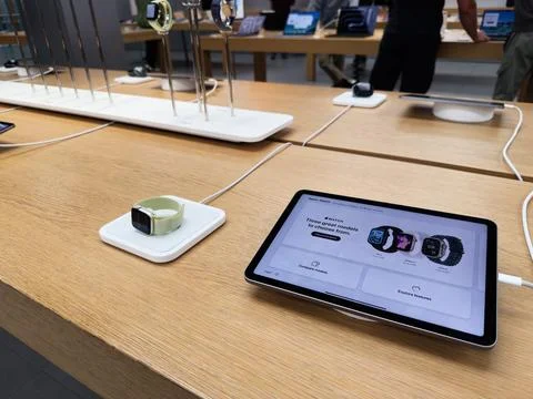 Smart watch display at electronics store with tablet showing Apple watch mo.. Stock Photos