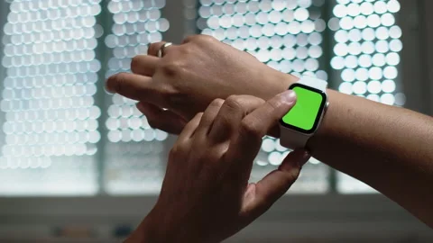 Smart Watch with Green Screen or Mock-up Chroma Key on Female Wrist. Tap, Click Stock Footage 196087335