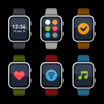 Smart Watch Icons Set. Flat Style. Vector Stock Illustration