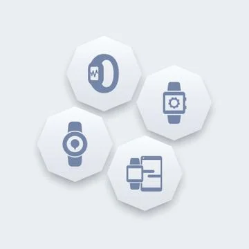 Smart watch icons, smartwatch vector, fitness tracker, smart watch data synch Stock Illustration