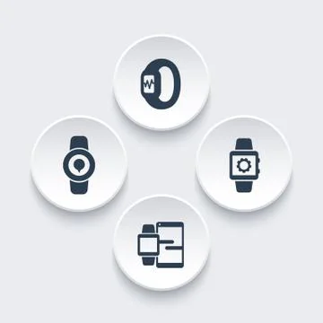 Smart watch icons, smartwatch vector, fitness tracker, smart watch data synch Stock Illustration